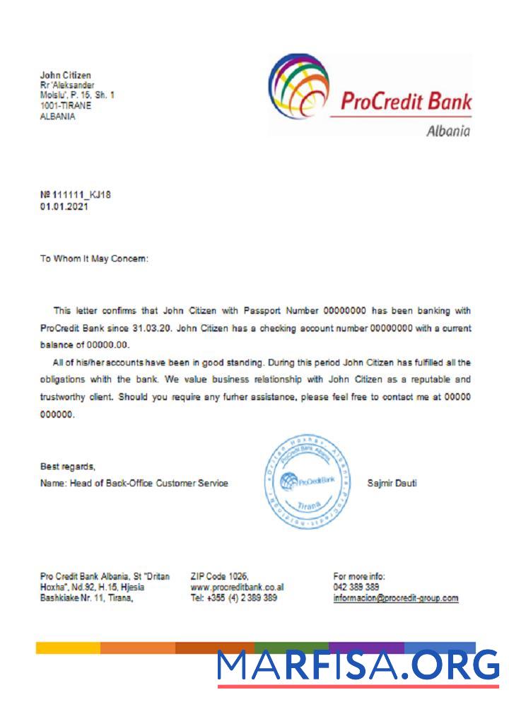 Blank Albania Procredit reference download for verification